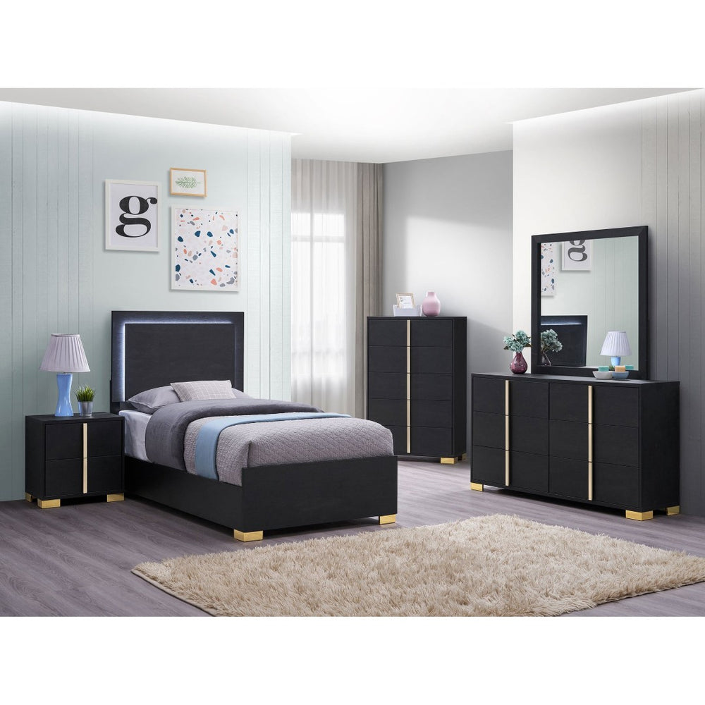 English Elm Black Twin Bedroom Set with LED Headboard Gold Pulls Glam Five Piece Suite B062S02362