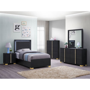 English Elm Black Twin Bedroom Set with LED Headboard Gold Pulls Glam Five Piece Suite B062S02362