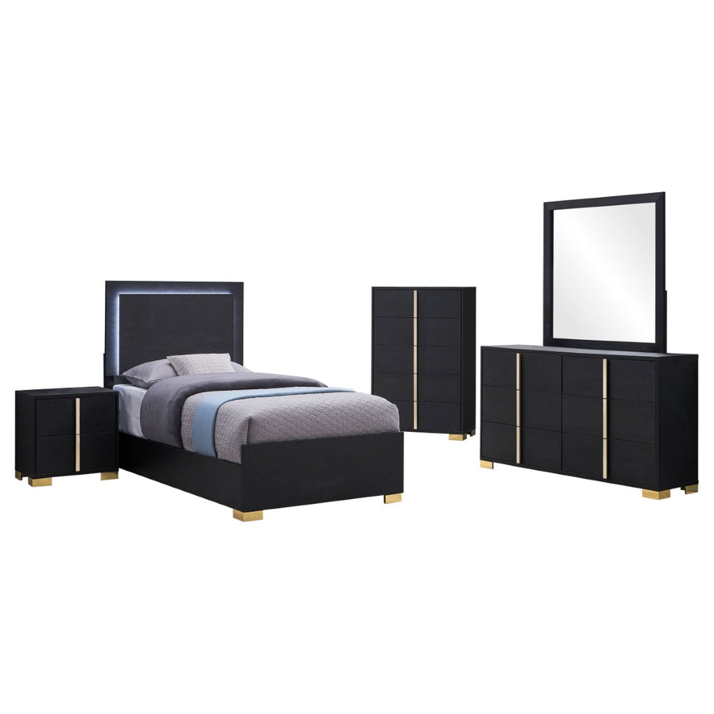 English Elm Black Twin Bedroom Set with LED Headboard Gold Pulls Glam Five Piece Suite B062S02362