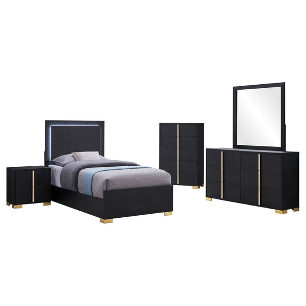 English Elm Black Twin Bedroom Set with LED Headboard Gold Pulls Glam Five Piece Suite B062S02362