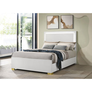 English Elm White Melamine Full Panel Bed with Touch Led Headboard and Gold Accent Feet B062S02370