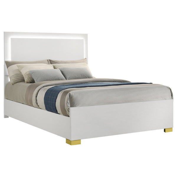 English Elm White Melamine Full Panel Bed with Touch Led Headboard and Gold Accent Feet B062S02370
