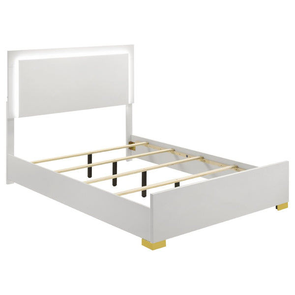 English Elm White Melamine Full Panel Bed with Touch Led Headboard and Gold Accent Feet B062S02370