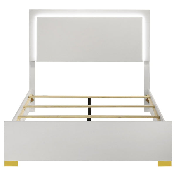 English Elm White Melamine Full Panel Bed with Touch Led Headboard and Gold Accent Feet B062S02370