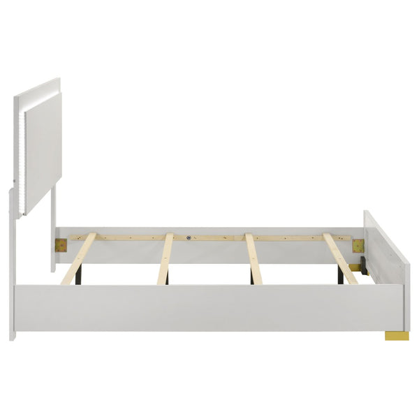 English Elm White Melamine Full Panel Bed with Touch Led Headboard and Gold Accent Feet B062S02370