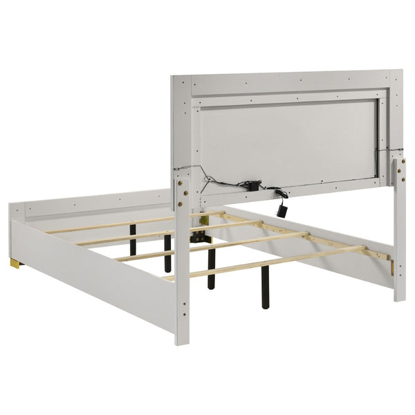 English Elm White Melamine Full Panel Bed with Touch Led Headboard and Gold Accent Feet B062S02370