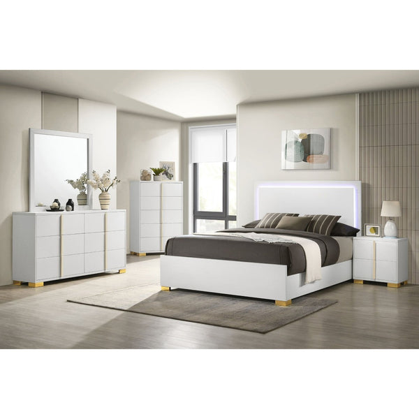 English Elm White Melamine Full Panel Bed with Touch Led Headboard and Gold Accent Feet B062S02370