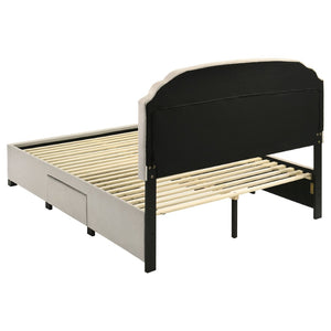 English Elm Cream Velvet Queen Storage Bed with Tufted Scalloped Headboard and Nailhead Trim B062S02371