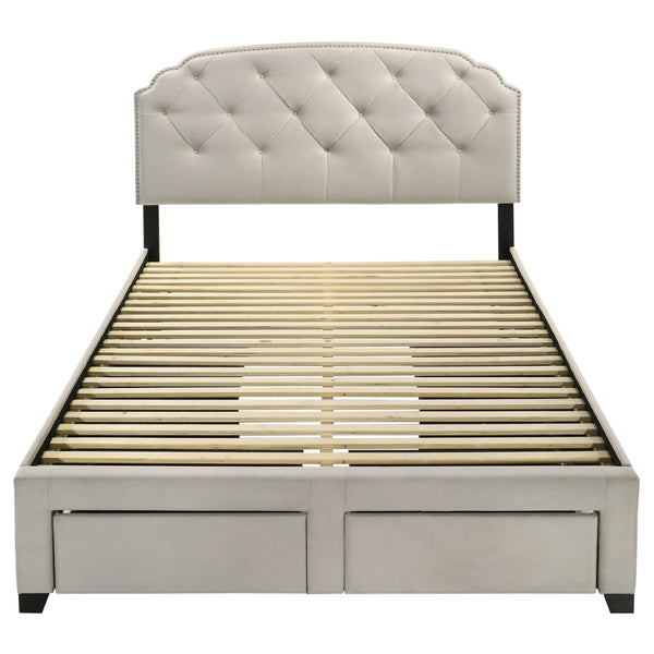 English Elm Cream Velvet Queen Storage Bed with Tufted Scalloped Headboard and Nailhead Trim B062S02371