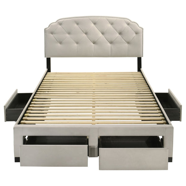 English Elm Cream Velvet Queen Storage Bed with Tufted Scalloped Headboard and Nailhead Trim B062S02371