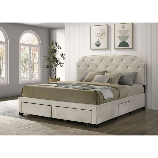 English Elm Cream Velvet Eastern King Storage Bed with Tufted Headboard and Nailhead Trim B062S02372