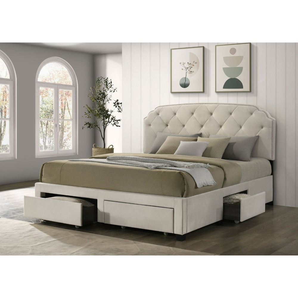 English Elm Cream Velvet Eastern King Storage Bed with Tufted Headboard and Nailhead Trim B062S02372