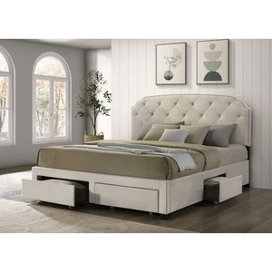 English Elm Cream Velvet Eastern King Storage Bed with Tufted Headboard and Nailhead Trim B062S02372