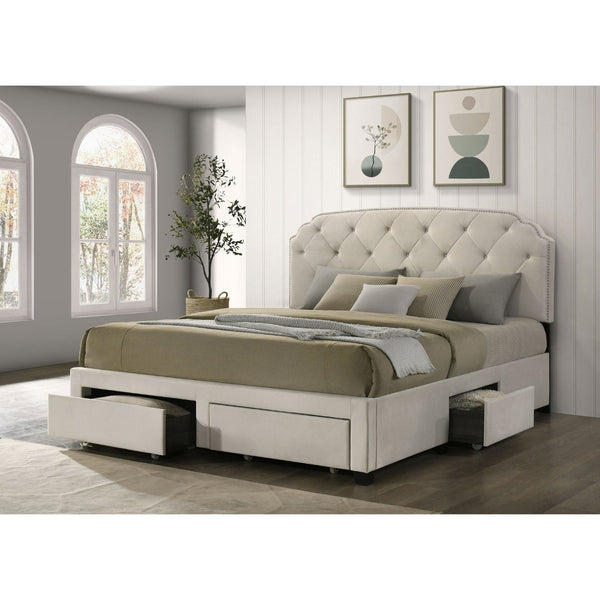 English Elm Cream Velvet Eastern King Storage Bed with Tufted Headboard and Nailhead Trim B062S02372