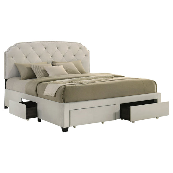 English Elm Cream Velvet Eastern King Storage Bed with Tufted Headboard and Nailhead Trim B062S02372