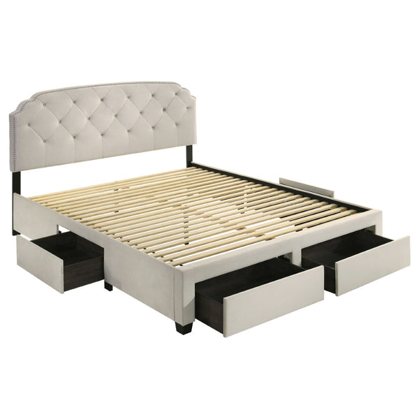English Elm Cream Velvet Eastern King Storage Bed with Tufted Headboard and Nailhead Trim B062S02372
