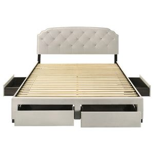 English Elm Cream Velvet Eastern King Storage Bed with Tufted Headboard and Nailhead Trim B062S02372