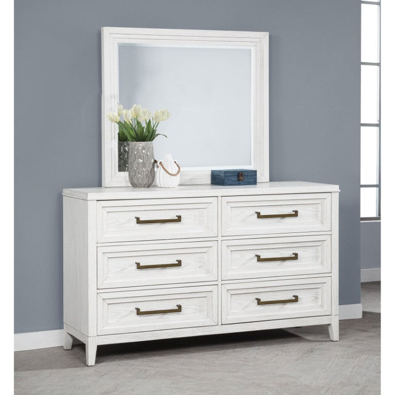 English Elm White Distressed Six Drawer Dresser with Mirror Farmhouse Vintage Brass Pulls Bedroom B062S02373