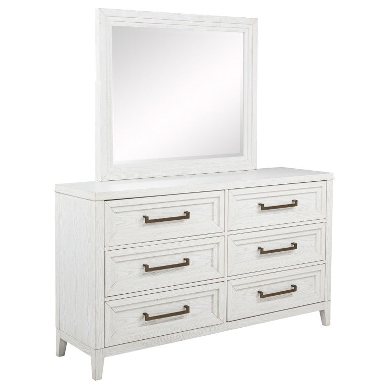 English Elm White Distressed Six Drawer Dresser with Mirror Farmhouse Vintage Brass Pulls Bedroom B062S02373