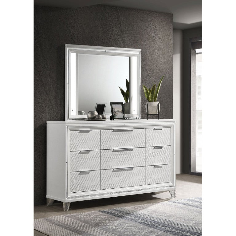 English Elm White Nine Drawer Dresser with Herringbone Detail Acrylic Legs and Touch LED Mirror B062S02376