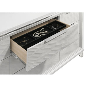 English Elm White Nine Drawer Dresser with Herringbone Detail Acrylic Legs and Touch LED Mirror B062S02376