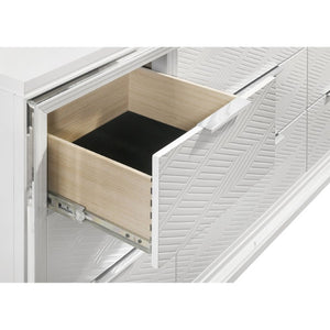 English Elm White Nine Drawer Dresser with Herringbone Detail Acrylic Legs and Touch LED Mirror B062S02376