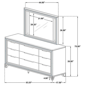 English Elm White Nine Drawer Dresser with Herringbone Detail Acrylic Legs and Touch LED Mirror B062S02376