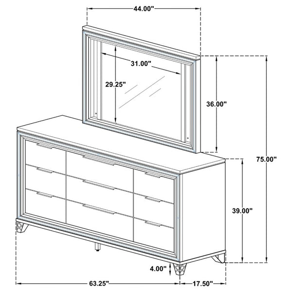English Elm White Nine Drawer Dresser with Herringbone Detail Acrylic Legs and Touch LED Mirror B062S02376