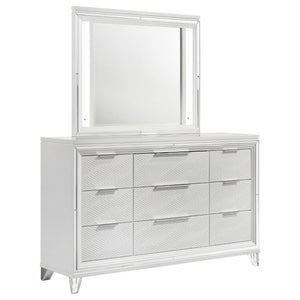 English Elm White Nine Drawer Dresser with Herringbone Detail Acrylic Legs and Touch LED Mirror B062S02376