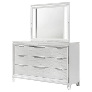 English Elm White Nine Drawer Dresser with Herringbone Detail Acrylic Legs and Touch LED Mirror B062S02376