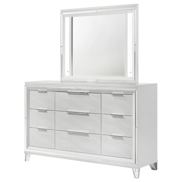 English Elm White Nine Drawer Dresser with Herringbone Detail Acrylic Legs and Touch LED Mirror B062S02376