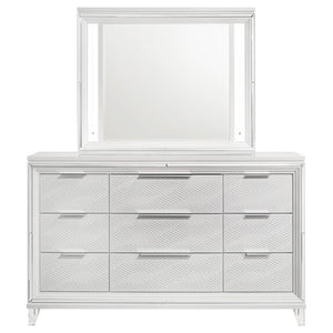 English Elm White Nine Drawer Dresser with Herringbone Detail Acrylic Legs and Touch LED Mirror B062S02376