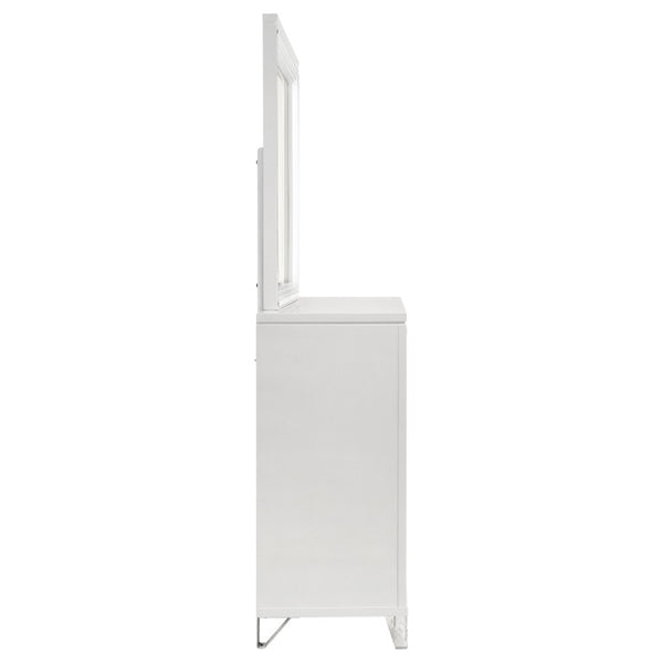 English Elm White Nine Drawer Dresser with Herringbone Detail Acrylic Legs and Touch LED Mirror B062S02376