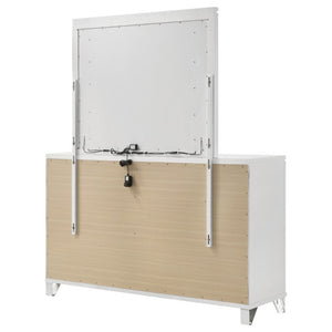 English Elm White Nine Drawer Dresser with Herringbone Detail Acrylic Legs and Touch LED Mirror B062S02376