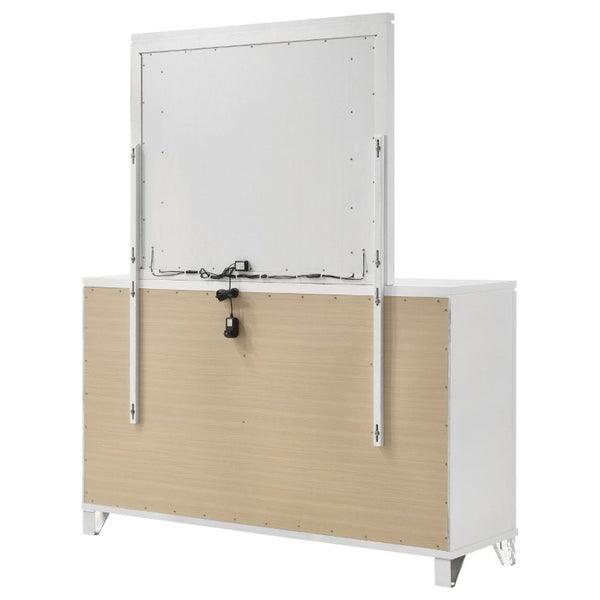 English Elm White Nine Drawer Dresser with Herringbone Detail Acrylic Legs and Touch LED Mirror B062S02376