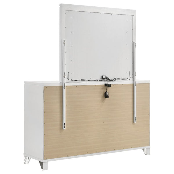 English Elm White Nine Drawer Dresser with Herringbone Detail Acrylic Legs and Touch LED Mirror B062S02376