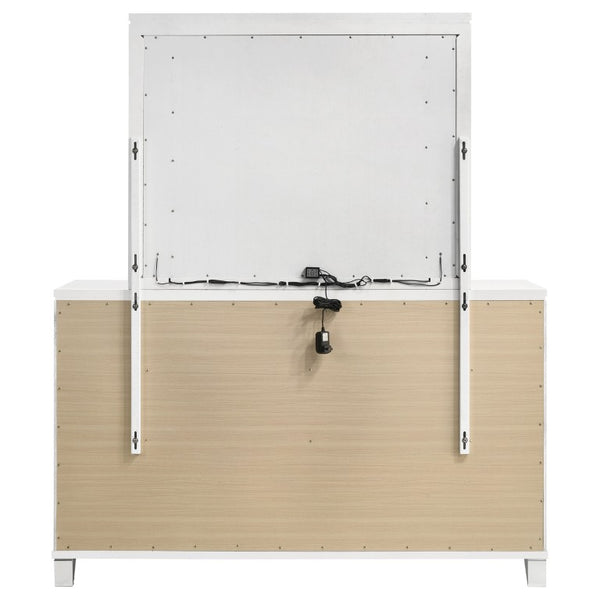 English Elm White Nine Drawer Dresser with Herringbone Detail Acrylic Legs and Touch LED Mirror B062S02376
