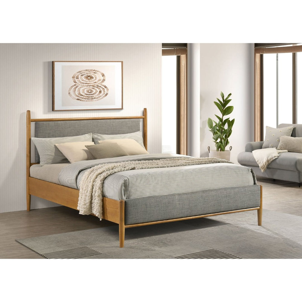 English Elm Grey Upholstered Queen Platform Bed Mid-Century Wood Grain Frame Airy Open Headboard B062S02381