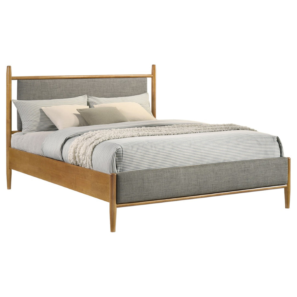 English Elm Grey Upholstered Queen Platform Bed Mid-Century Wood Grain Frame Airy Open Headboard B062S02381