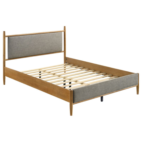 English Elm Grey Upholstered Queen Platform Bed Mid-Century Wood Grain Frame Airy Open Headboard B062S02381