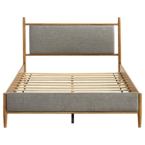 English Elm Grey Upholstered Queen Platform Bed Mid-Century Wood Grain Frame Airy Open Headboard B062S02381