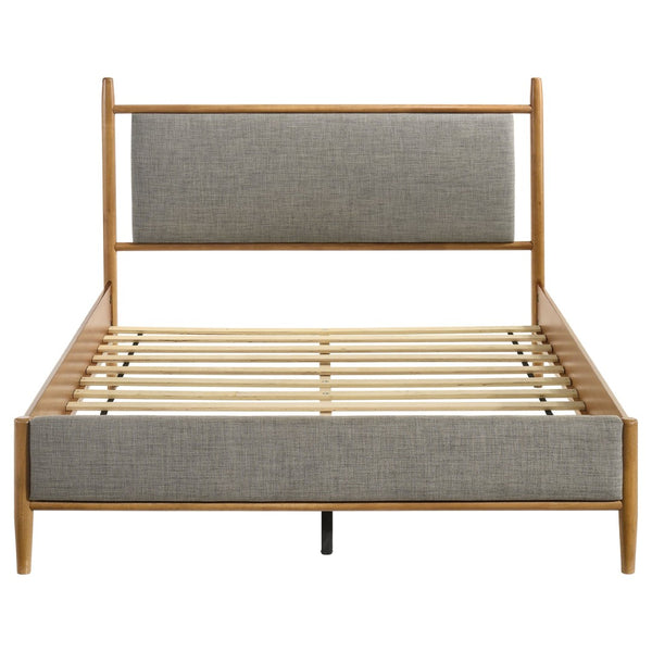 English Elm Grey Upholstered Queen Platform Bed Mid-Century Wood Grain Frame Airy Open Headboard B062S02381