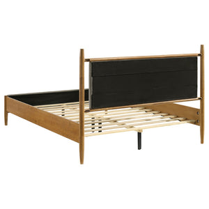 English Elm Grey Upholstered Queen Platform Bed Mid-Century Wood Grain Frame Airy Open Headboard B062S02381