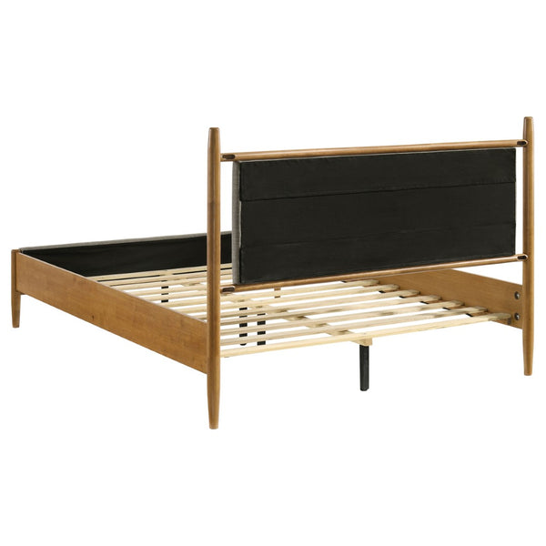 English Elm Grey Upholstered Queen Platform Bed Mid-Century Wood Grain Frame Airy Open Headboard B062S02381