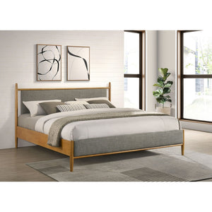 English Elm Light Brown Rubberwood Eastern King Platform Bed with Gray Upholstered Headboard Panel B062S02382