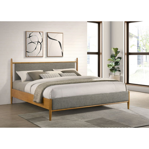 English Elm Light Brown Rubberwood Eastern King Platform Bed with Gray Upholstered Headboard Panel B062S02382