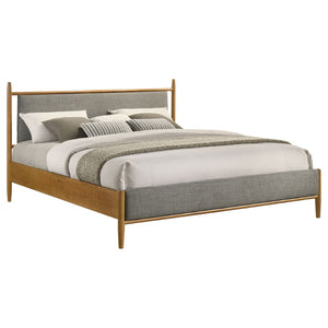 English Elm Light Brown Rubberwood Eastern King Platform Bed with Gray Upholstered Headboard Panel B062S02382