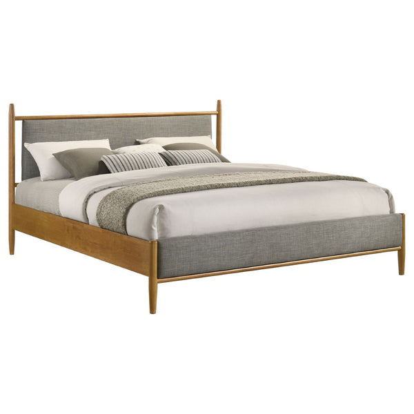 English Elm Light Brown Rubberwood Eastern King Platform Bed with Gray Upholstered Headboard Panel B062S02382