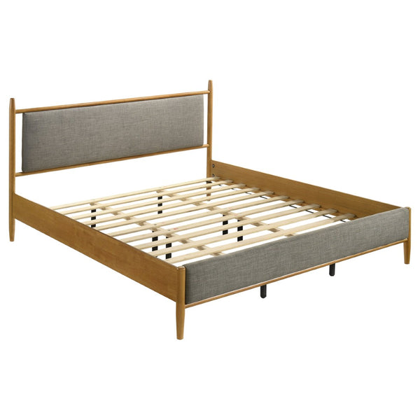 English Elm Light Brown Rubberwood Eastern King Platform Bed with Gray Upholstered Headboard Panel B062S02382