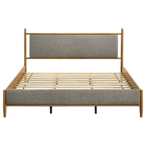 English Elm Light Brown Rubberwood Eastern King Platform Bed with Gray Upholstered Headboard Panel B062S02382